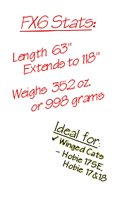 FX6 Stats: Length  63" /  Extends to 118" / Weighs  35.2 oz. or 998 grams